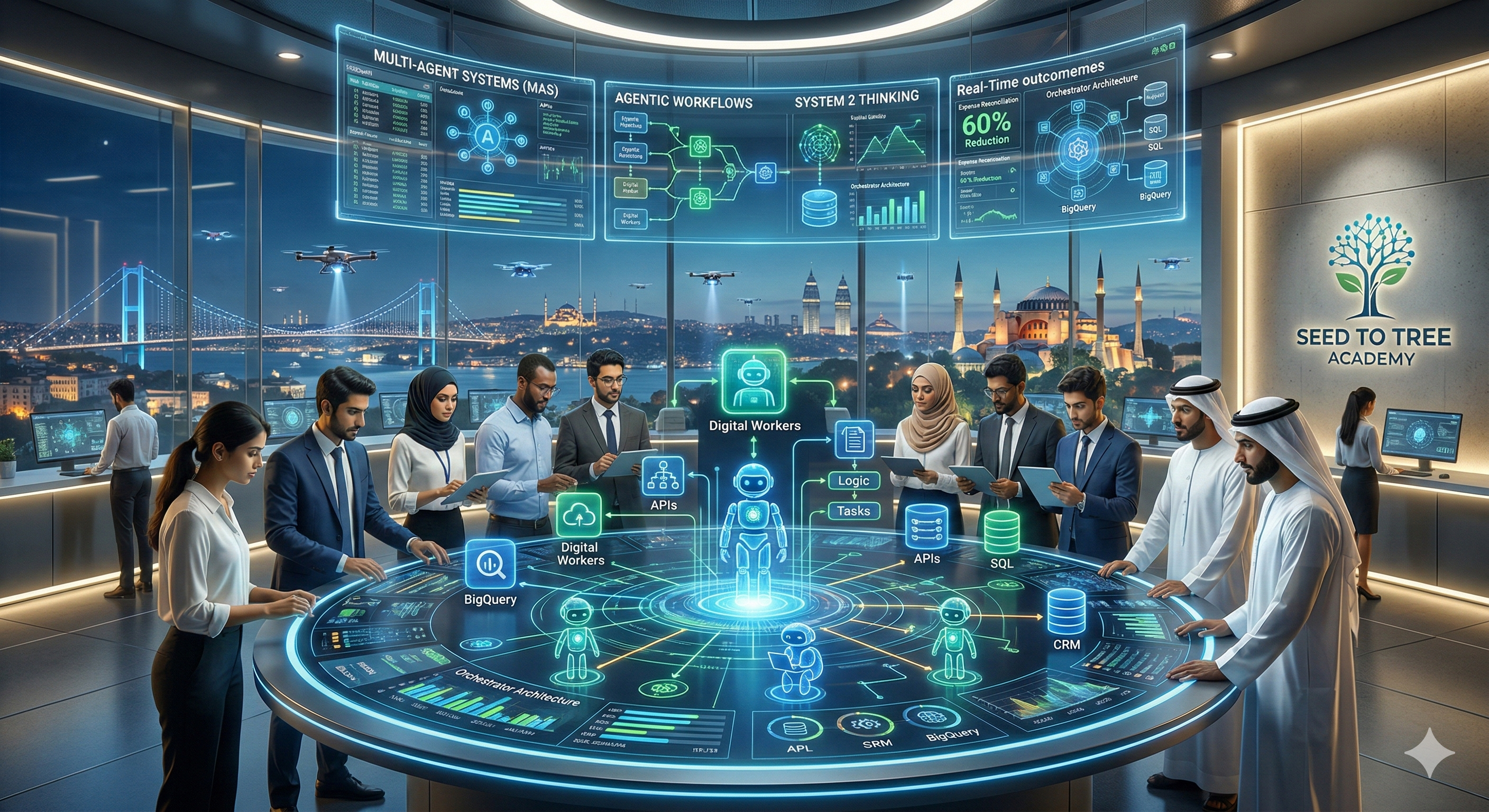 Visual representation of autonomous AI agents working in a network